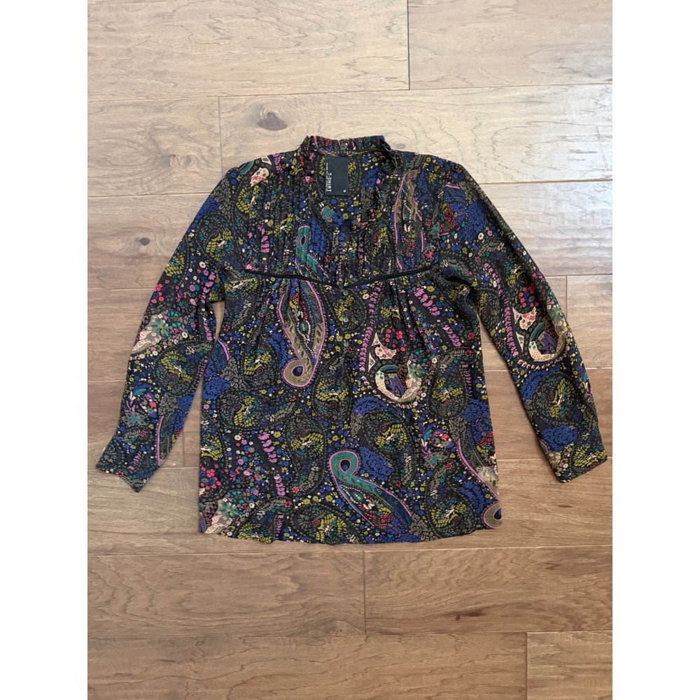 Dolan T-Shirt Womens Paisley Floral Ruffle Neck Blouse Boho Top Black Multi M